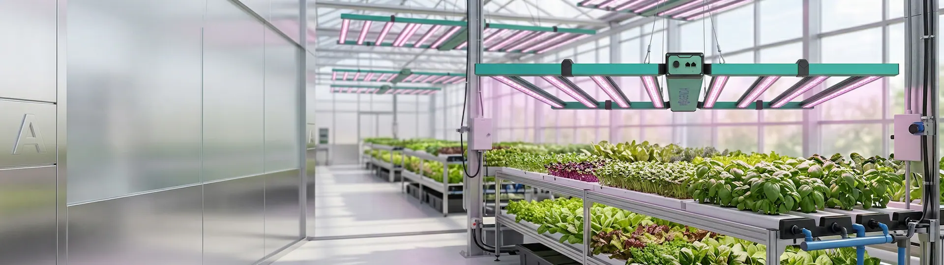 Commercial LED grow lights in a high-tech greenhouse
